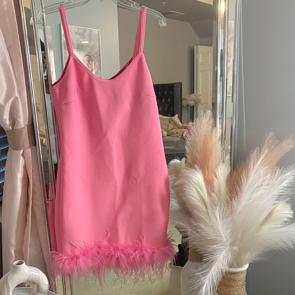 Fashion Nova Pink Feather Hem Mini Dress